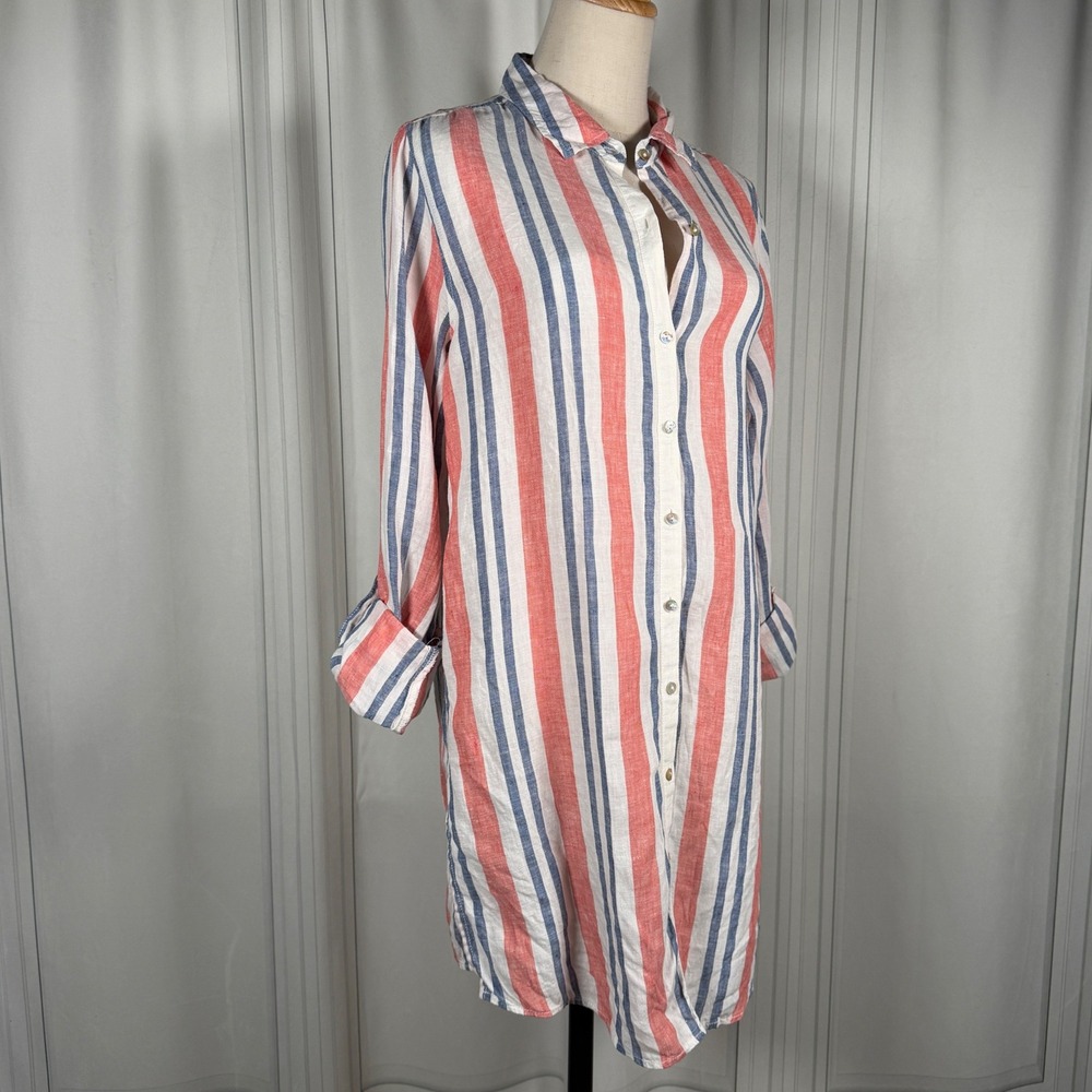 Artisan NY 100% Linen Striped Button-Down Shirt Dress Muted Coastal Tunic-Medium - Picture 4 of 13